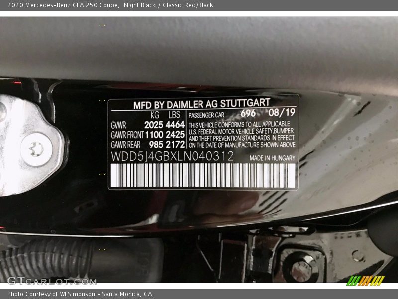 Night Black / Classic Red/Black 2020 Mercedes-Benz CLA 250 Coupe