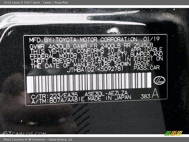 2019 IS 300 F Sport Caviar Color Code 223
