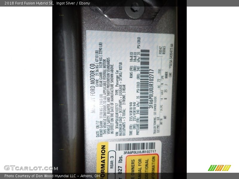 Ingot Silver / Ebony 2018 Ford Fusion Hybrid SE