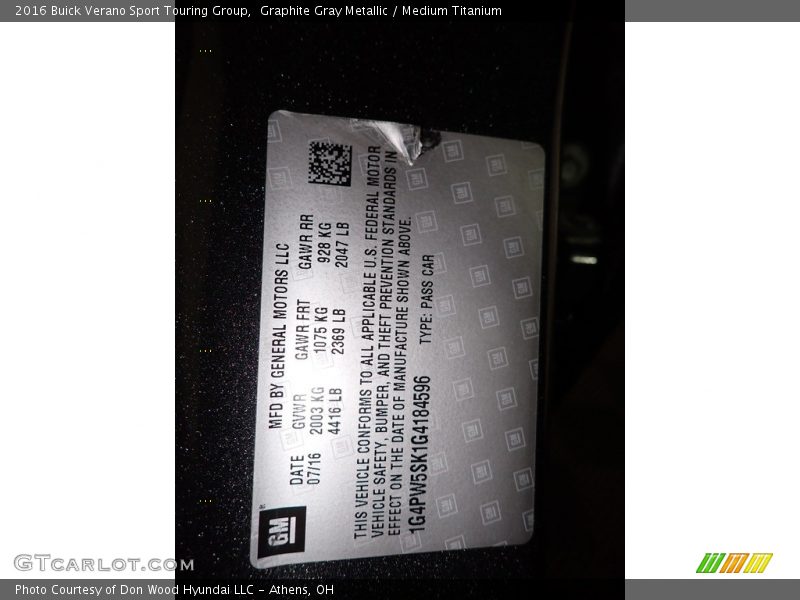 Graphite Gray Metallic / Medium Titanium 2016 Buick Verano Sport Touring Group