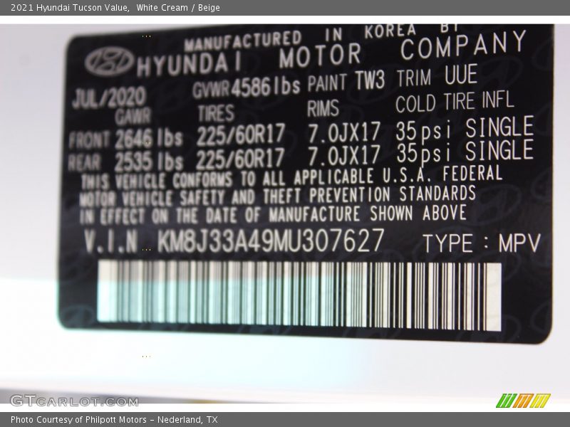 White Cream / Beige 2021 Hyundai Tucson Value