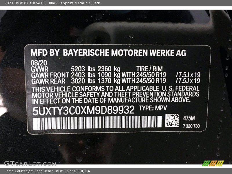2021 X3 sDrive30i Black Sapphire Metallic Color Code 475