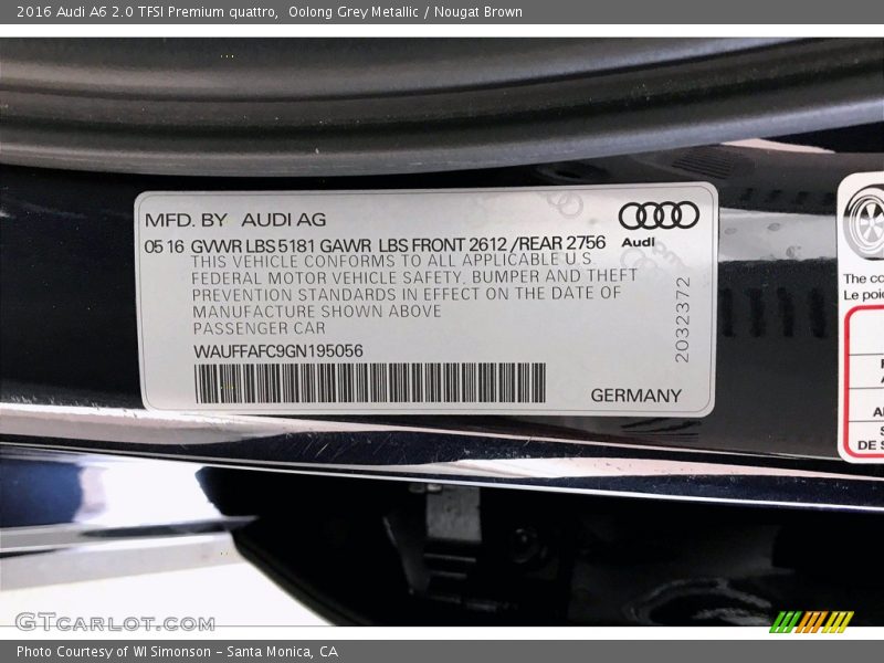 Oolong Grey Metallic / Nougat Brown 2016 Audi A6 2.0 TFSI Premium quattro