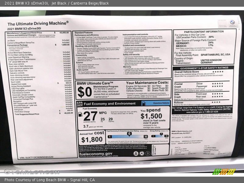  2021 X3 sDrive30i Window Sticker