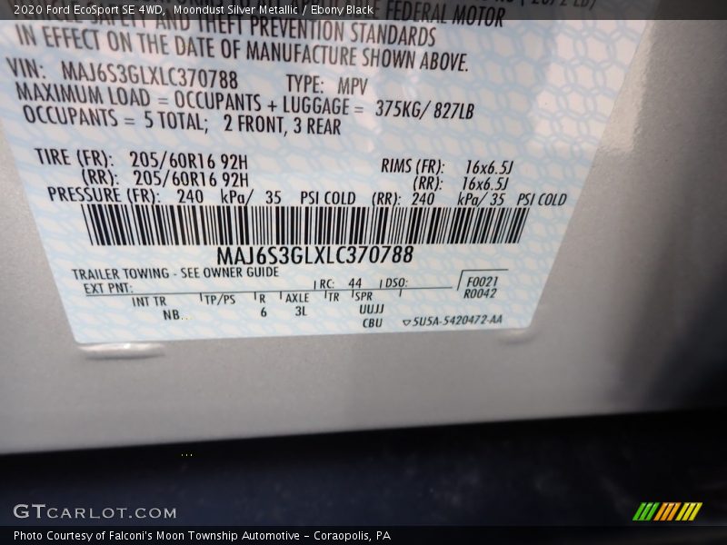 Moondust Silver Metallic / Ebony Black 2020 Ford EcoSport SE 4WD