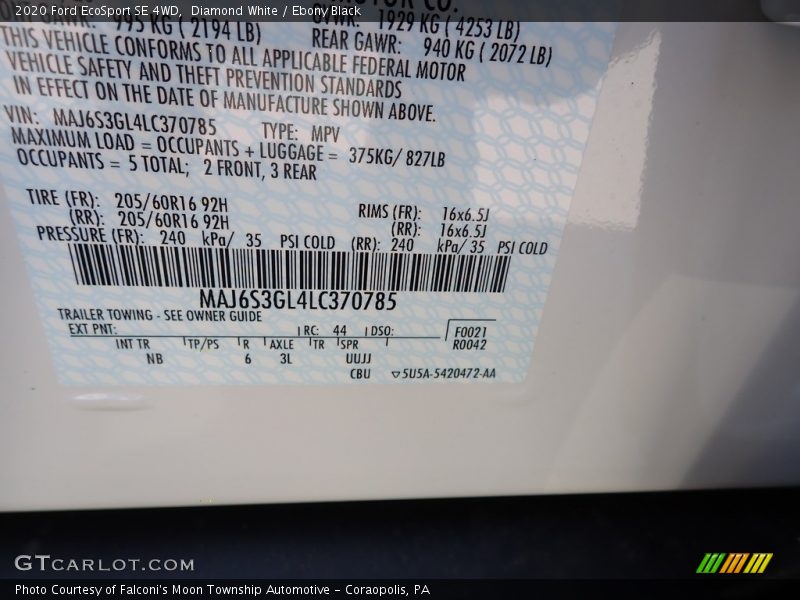Diamond White / Ebony Black 2020 Ford EcoSport SE 4WD