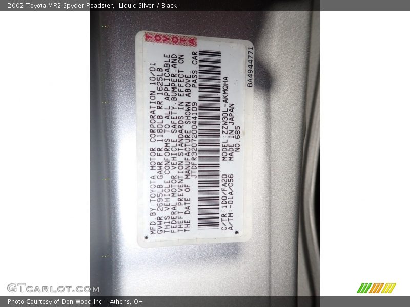 Liquid Silver / Black 2002 Toyota MR2 Spyder Roadster