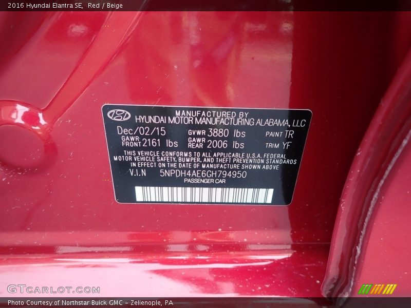 Red / Beige 2016 Hyundai Elantra SE
