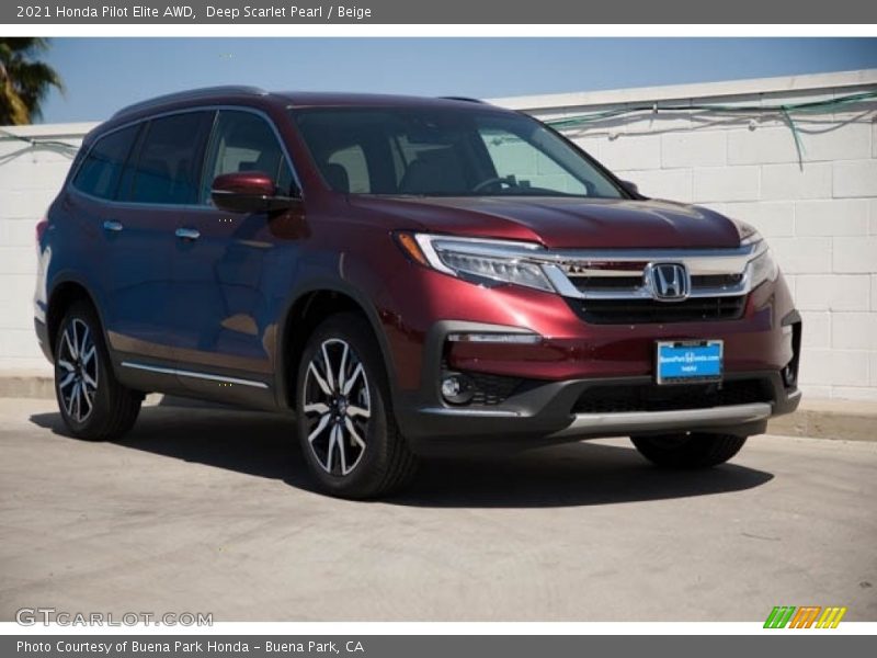 Deep Scarlet Pearl / Beige 2021 Honda Pilot Elite AWD