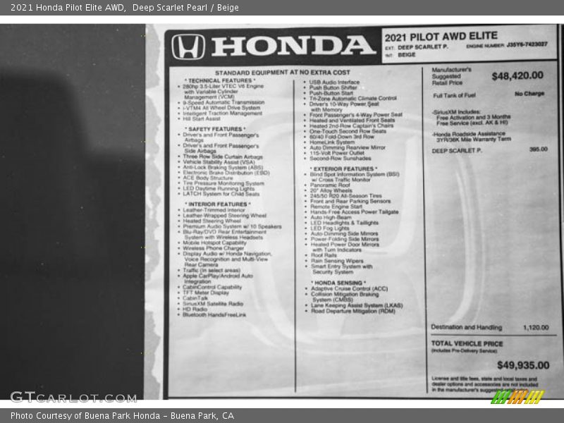 Deep Scarlet Pearl / Beige 2021 Honda Pilot Elite AWD