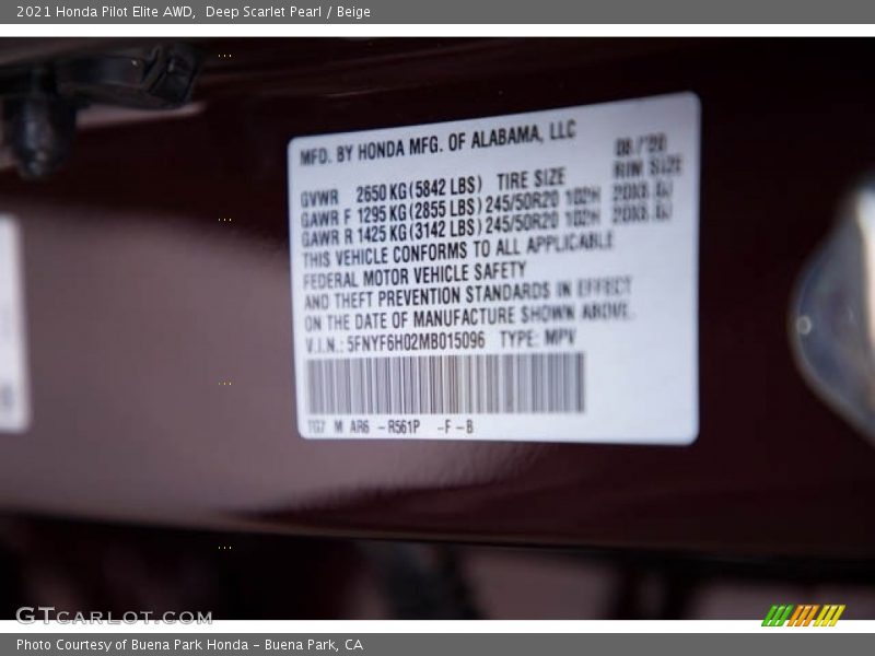 Deep Scarlet Pearl / Beige 2021 Honda Pilot Elite AWD