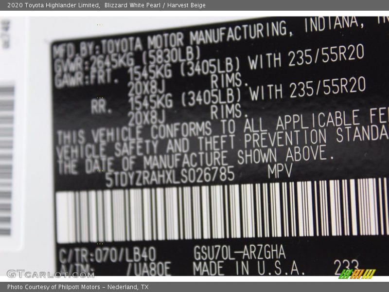 Blizzard White Pearl / Harvest Beige 2020 Toyota Highlander Limited