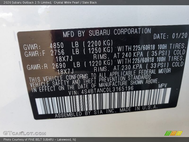 Crystal White Pearl / Slate Black 2020 Subaru Outback 2.5i Limited