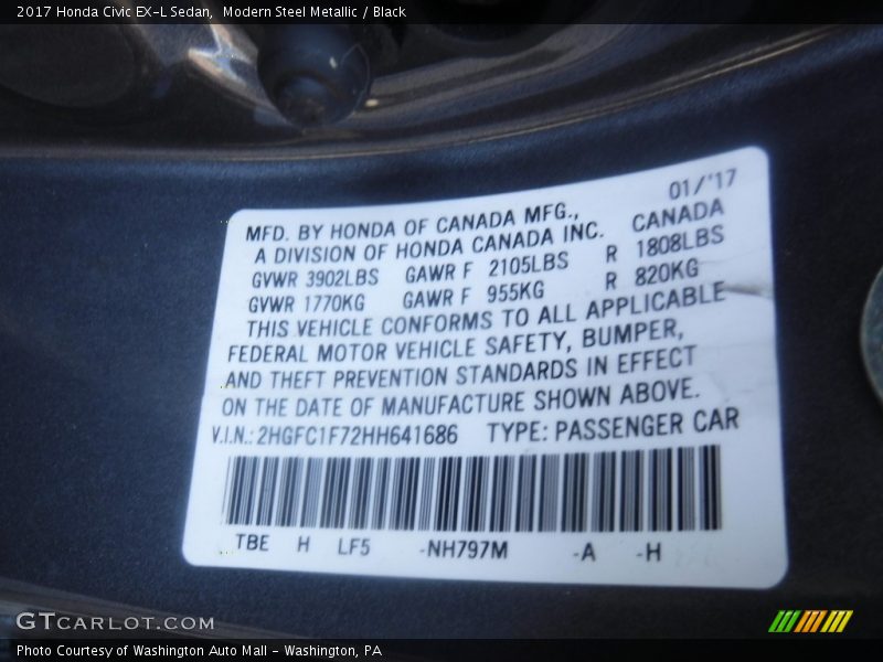 Modern Steel Metallic / Black 2017 Honda Civic EX-L Sedan