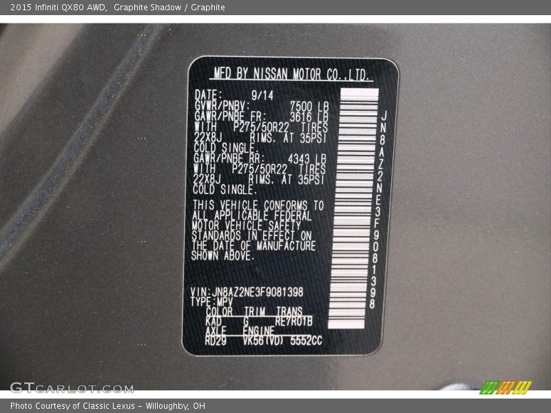 2015 QX80 AWD Graphite Shadow Color Code KAD