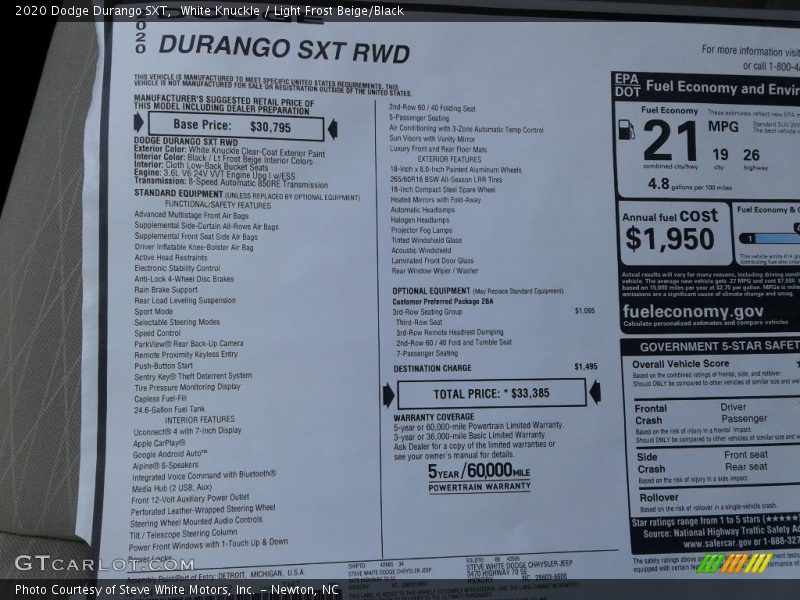 White Knuckle / Light Frost Beige/Black 2020 Dodge Durango SXT