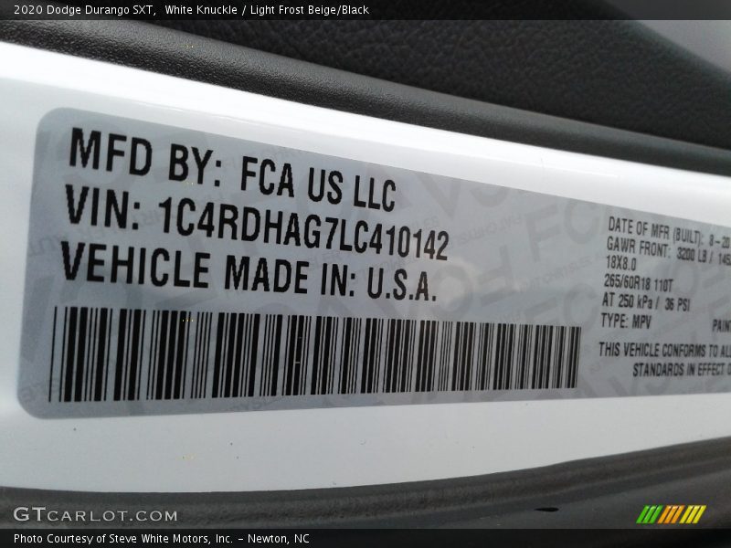 White Knuckle / Light Frost Beige/Black 2020 Dodge Durango SXT