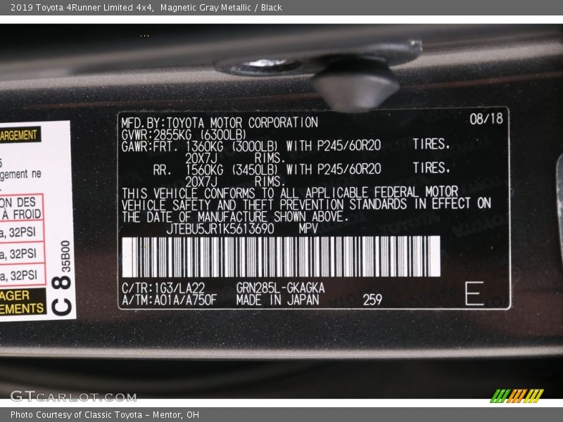 Magnetic Gray Metallic / Black 2019 Toyota 4Runner Limited 4x4