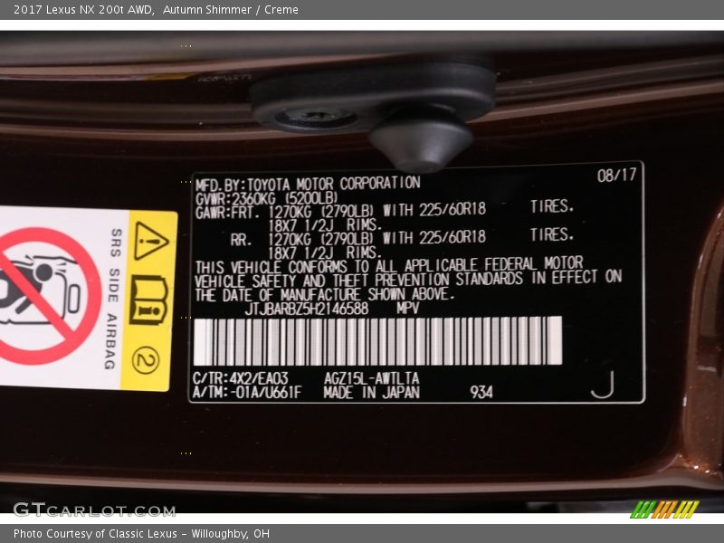 2017 NX 200t AWD Autumn Shimmer Color Code 4X2