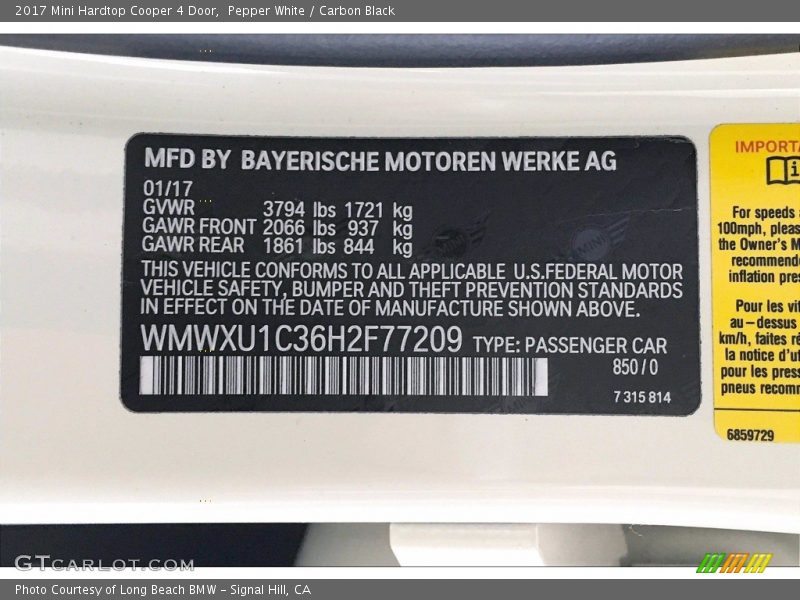 Pepper White / Carbon Black 2017 Mini Hardtop Cooper 4 Door