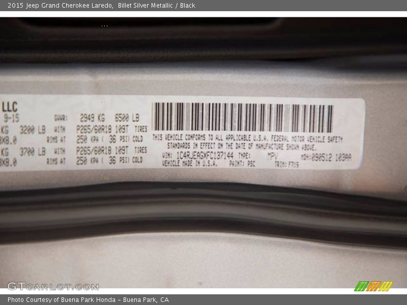 Billet Silver Metallic / Black 2015 Jeep Grand Cherokee Laredo