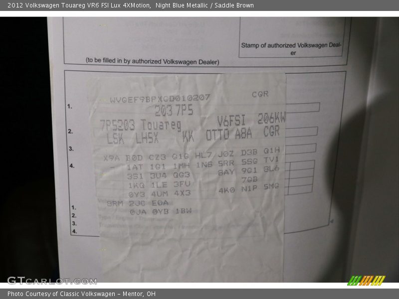 Night Blue Metallic / Saddle Brown 2012 Volkswagen Touareg VR6 FSI Lux 4XMotion