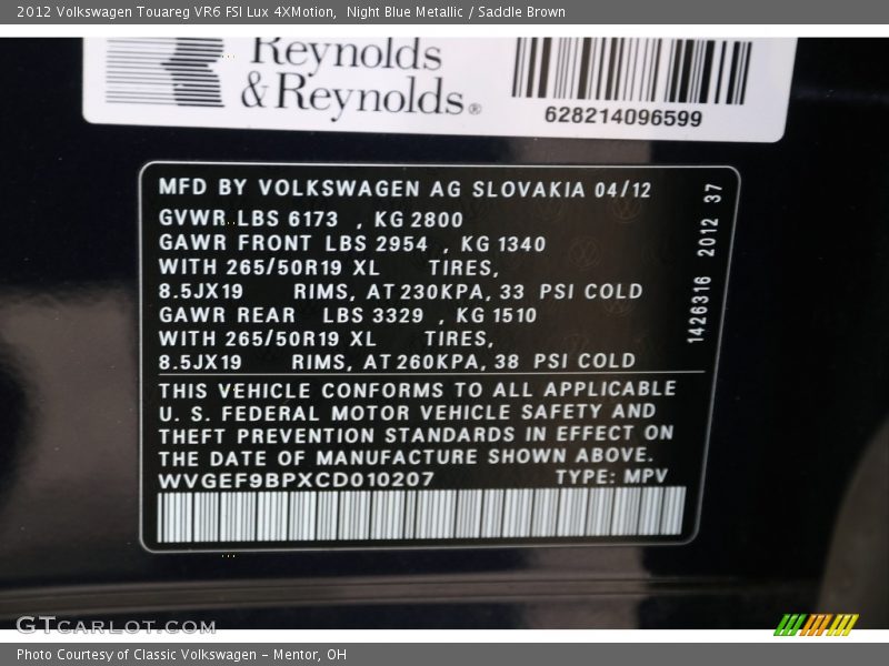 Night Blue Metallic / Saddle Brown 2012 Volkswagen Touareg VR6 FSI Lux 4XMotion