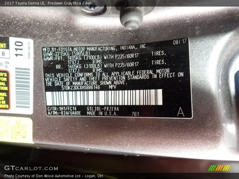 Predawn Gray Mica / Ash 2017 Toyota Sienna LE