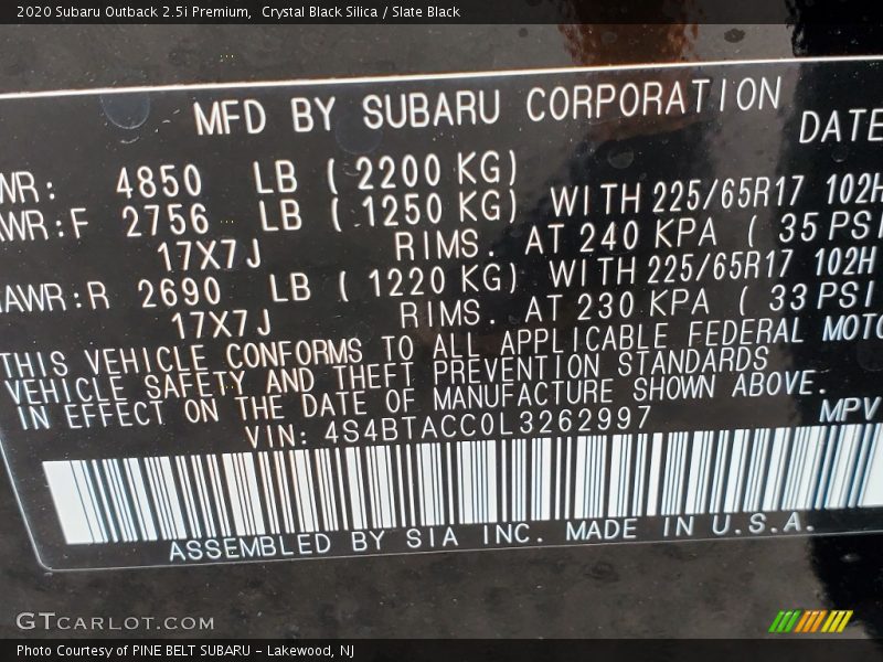 Crystal Black Silica / Slate Black 2020 Subaru Outback 2.5i Premium