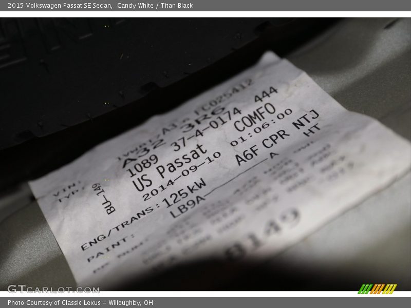 2015 Passat SE Sedan Candy White Color Code LB9A