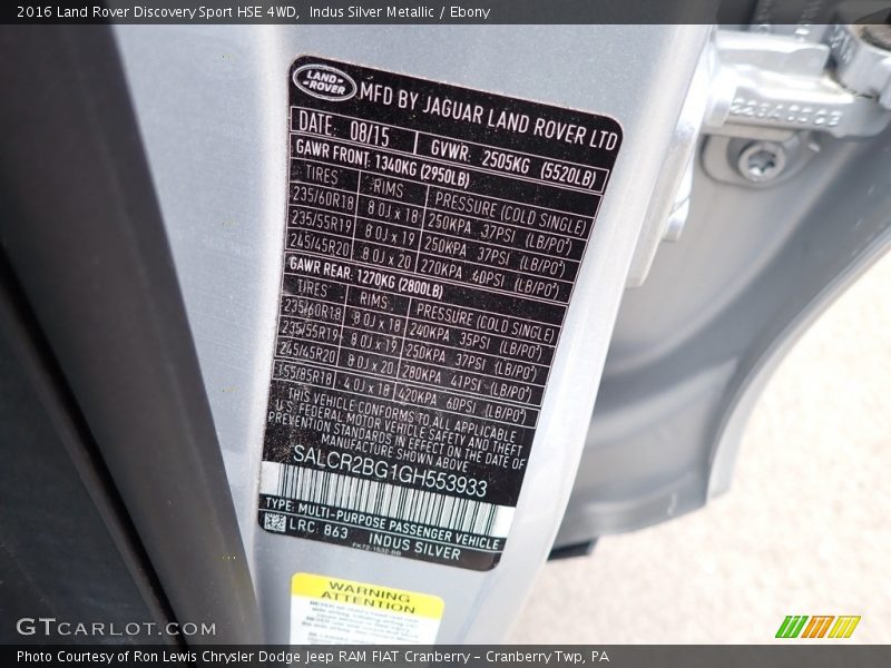 Indus Silver Metallic / Ebony 2016 Land Rover Discovery Sport HSE 4WD