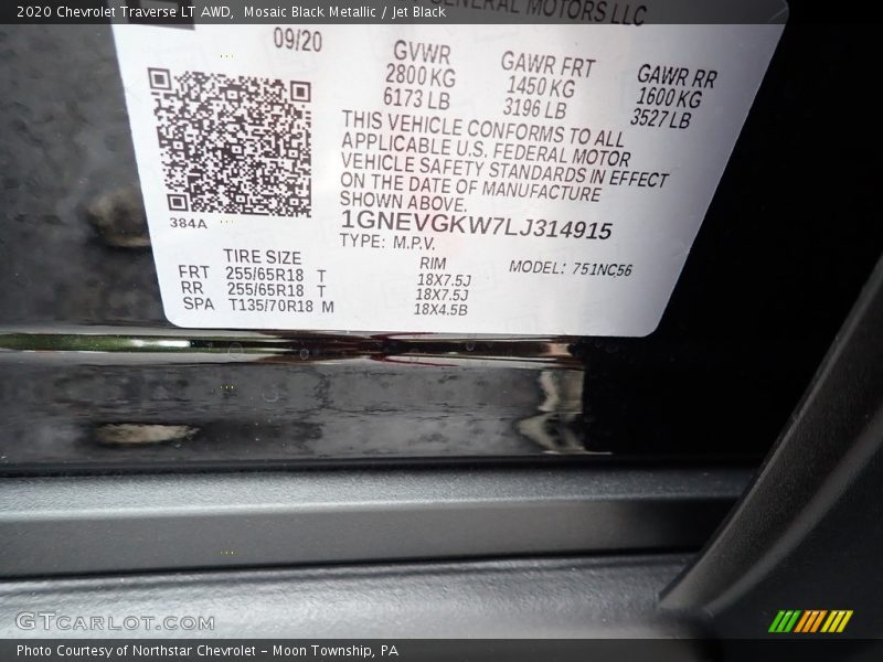 Mosaic Black Metallic / Jet Black 2020 Chevrolet Traverse LT AWD
