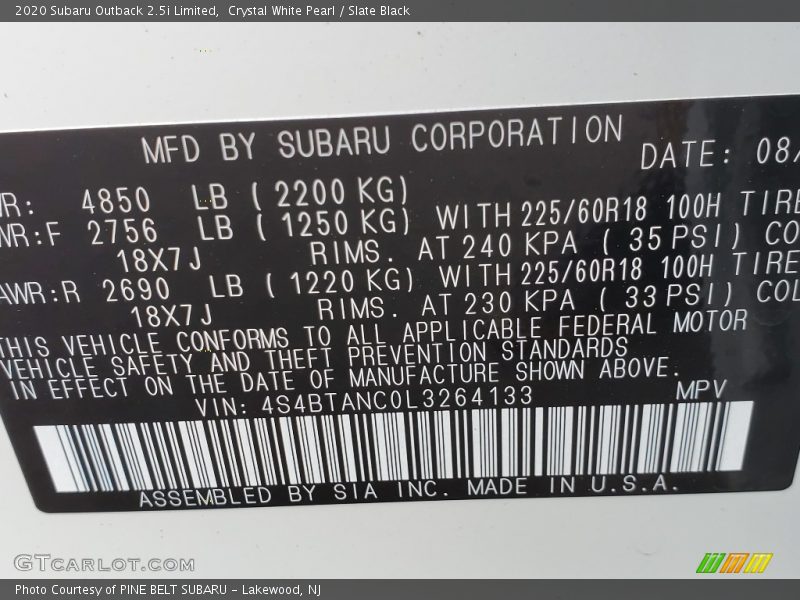 Crystal White Pearl / Slate Black 2020 Subaru Outback 2.5i Limited