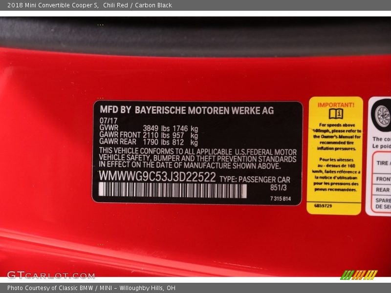 2018 Convertible Cooper S Chili Red Color Code 851