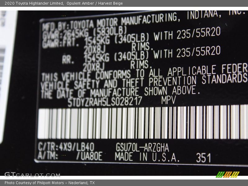 2020 Highlander Limited Opulent Amber Color Code 4X9