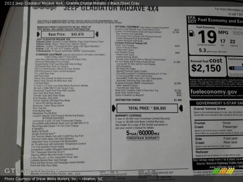  2021 Gladiator Mojave 4x4 Window Sticker