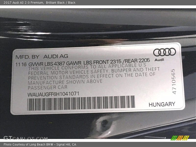 Brilliant Black / Black 2017 Audi A3 2.0 Premium
