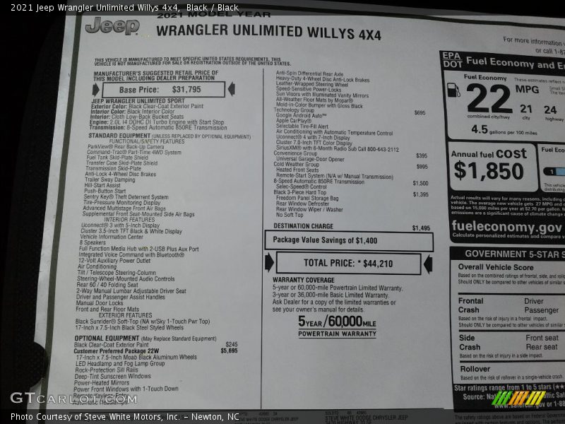  2021 Wrangler Unlimited Willys 4x4 Window Sticker