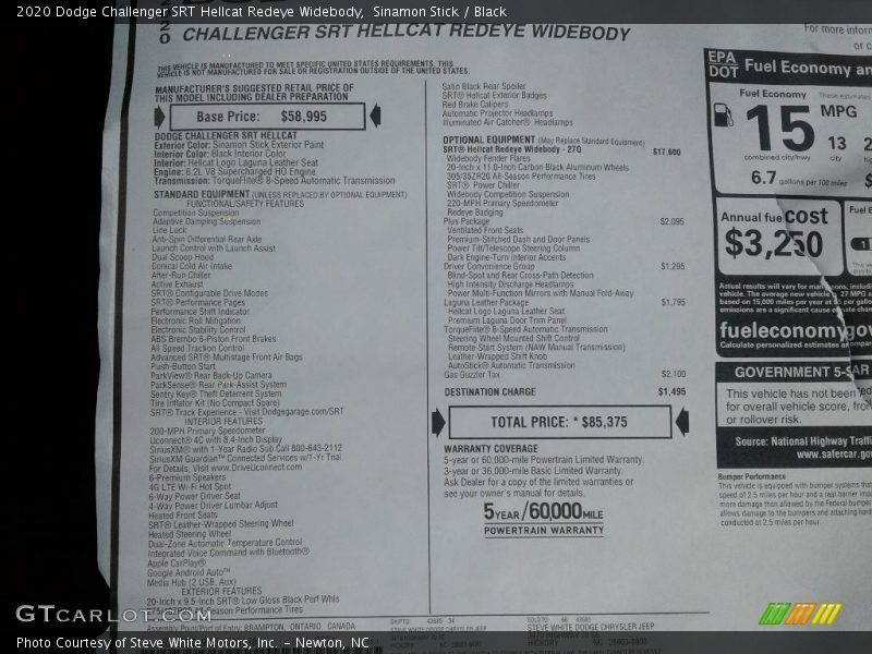  2020 Challenger SRT Hellcat Redeye Widebody Window Sticker