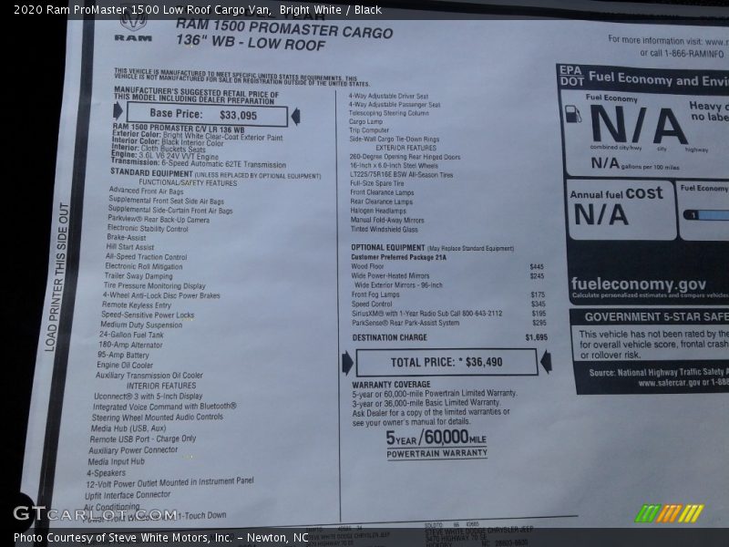 Bright White / Black 2020 Ram ProMaster 1500 Low Roof Cargo Van