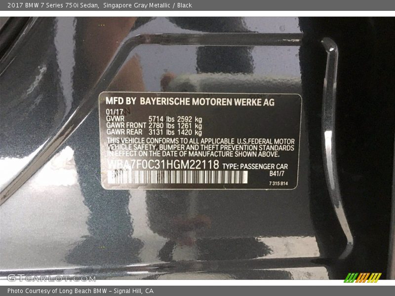 Singapore Gray Metallic / Black 2017 BMW 7 Series 750i Sedan