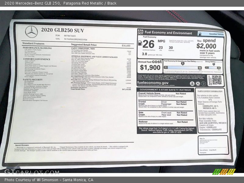  2020 GLB 250 Window Sticker