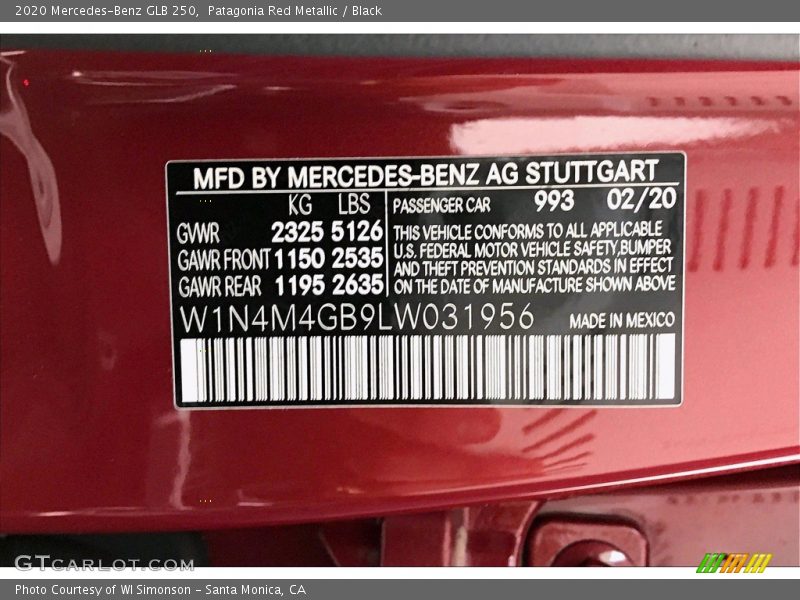 2020 GLB 250 Patagonia Red Metallic Color Code 993