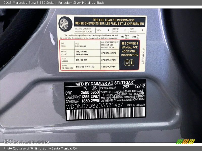 Palladium Silver Metallic / Black 2013 Mercedes-Benz S 550 Sedan