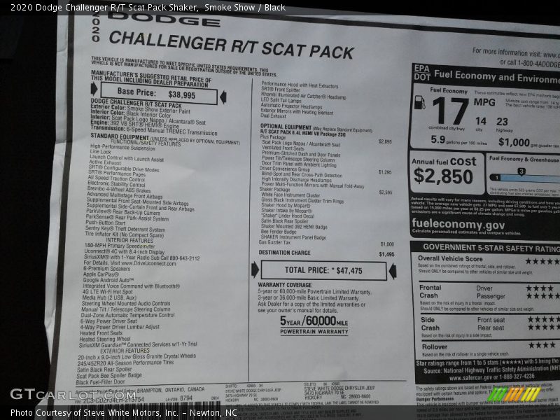  2020 Challenger R/T Scat Pack Shaker Window Sticker