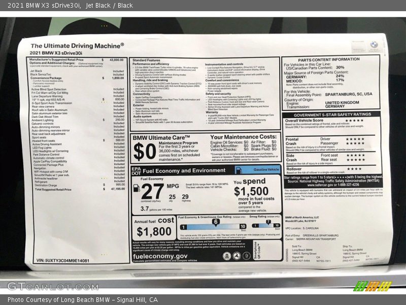  2021 X3 sDrive30i Window Sticker