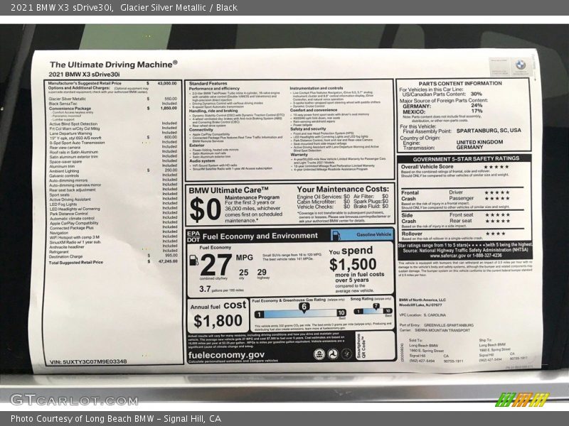  2021 X3 sDrive30i Window Sticker