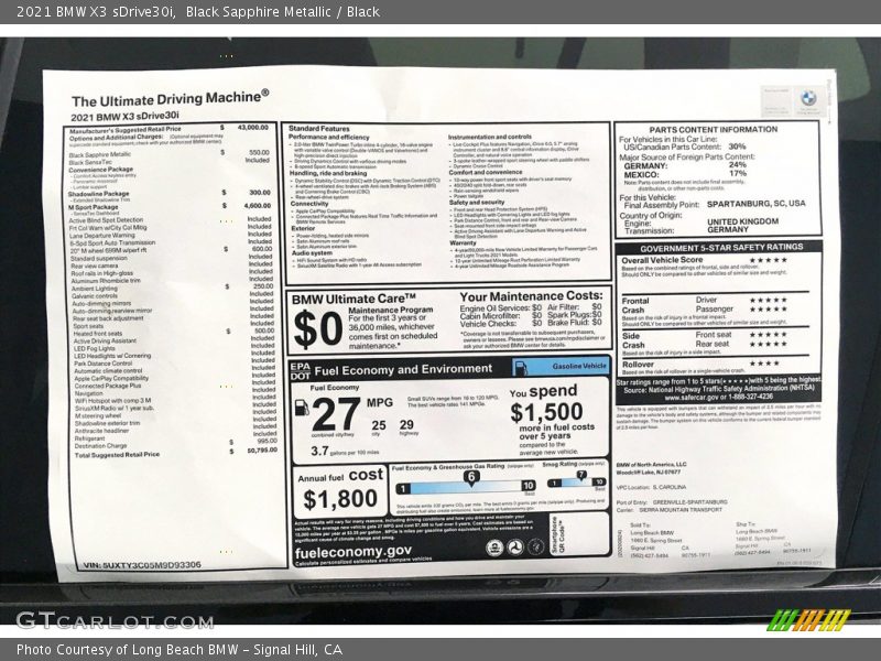  2021 X3 sDrive30i Window Sticker