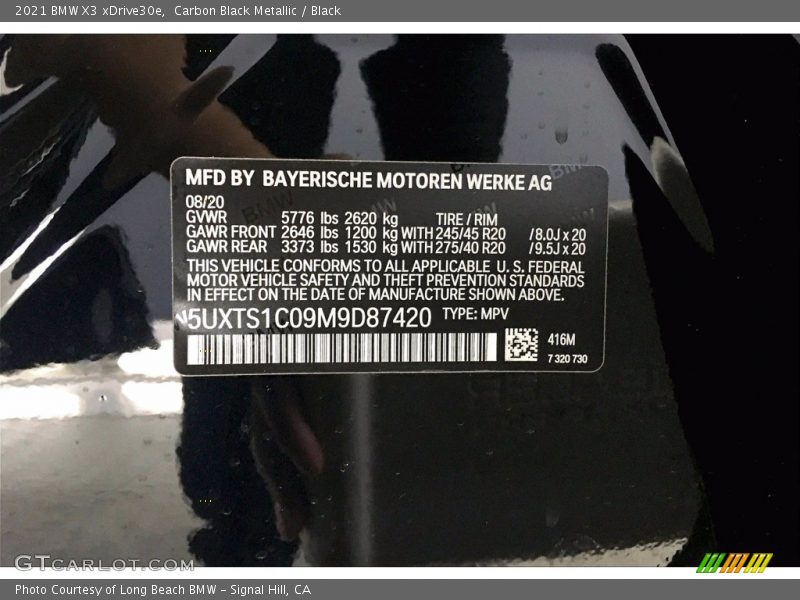 2021 X3 xDrive30e Carbon Black Metallic Color Code 416
