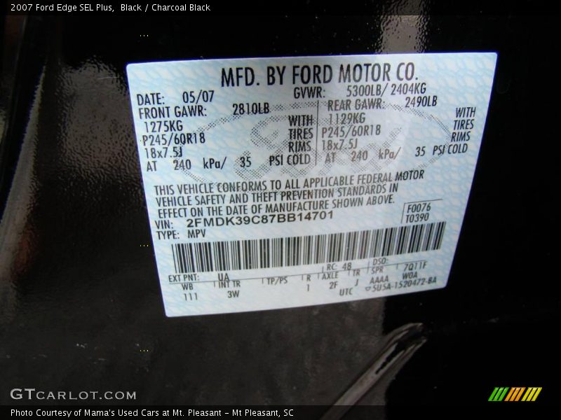 Black / Charcoal Black 2007 Ford Edge SEL Plus